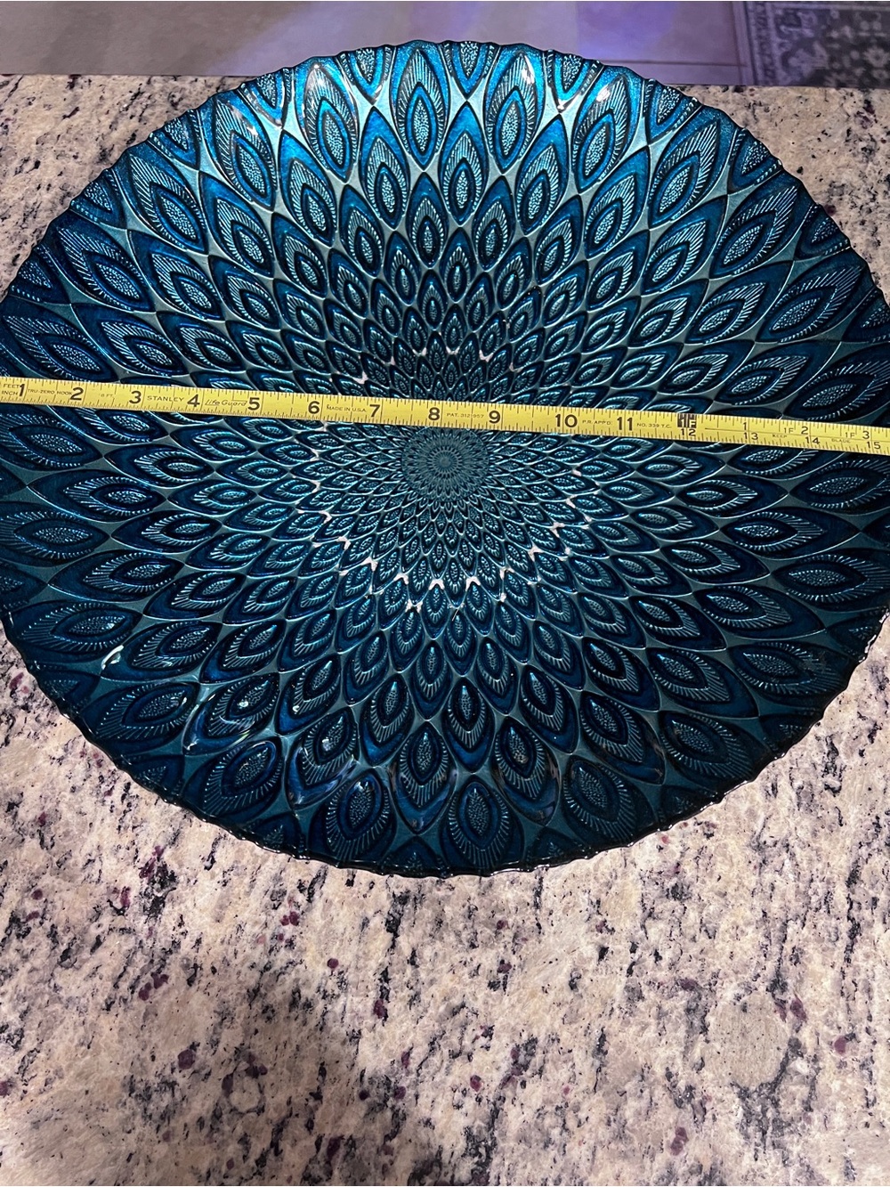 Large, beautiful Turkish peacock feather art glass bowl